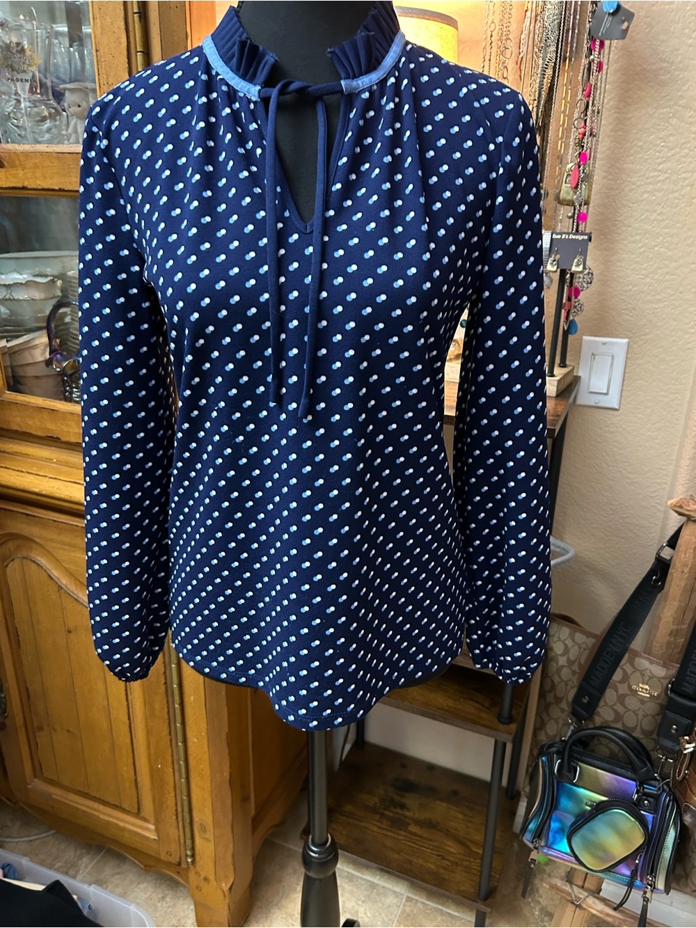 Talbots Navy and White Polka Dot Tie-Neck Blouse